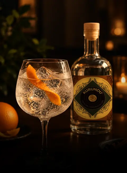 A KURUNDU® and tonic over ice with an orange peel, beside a bottle of KURUNDU® Ceylon Cinnamon Gin