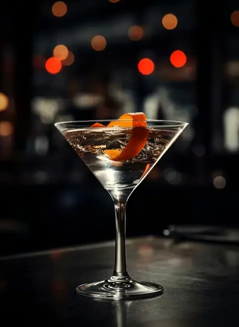 A martini in a chilled glass with an orange twist, on a dark bar